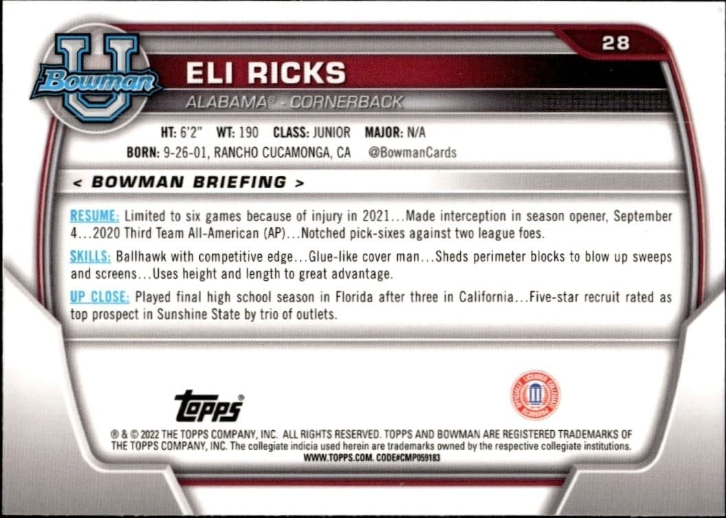 2022 Bowman University Chrome Eli Ricks #28 football trading card back
