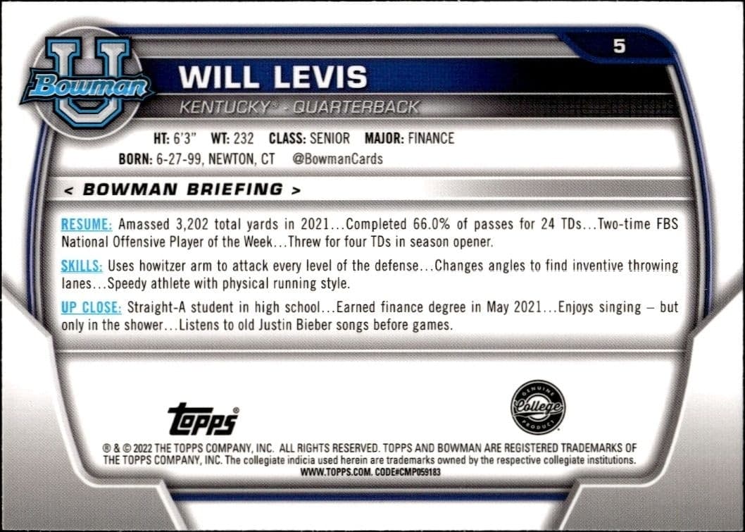 2022 Bowman University Chrome Will Levis #5 football trading card back