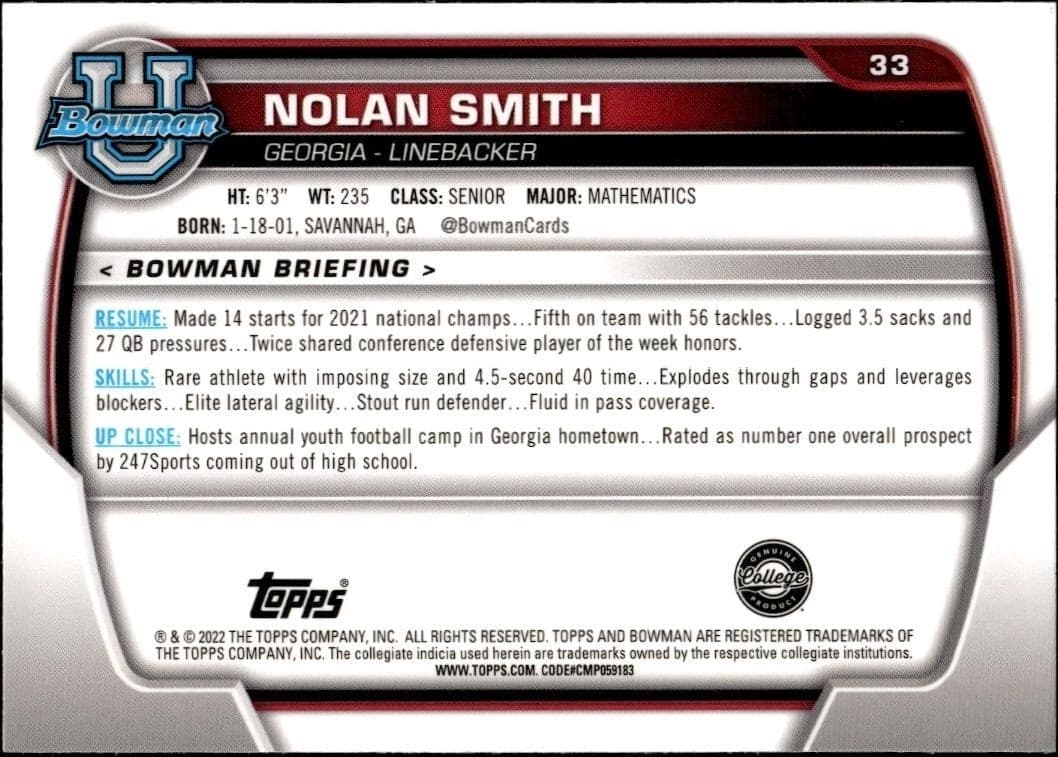 2022 Bowman University Chrome Nolan Smith #33 football trading card back