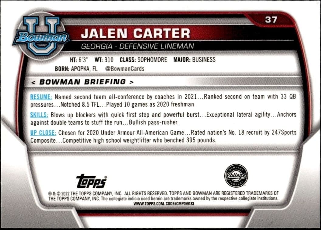 2022 Bowman University Chrome Jalen Carter #37 football trading card back
