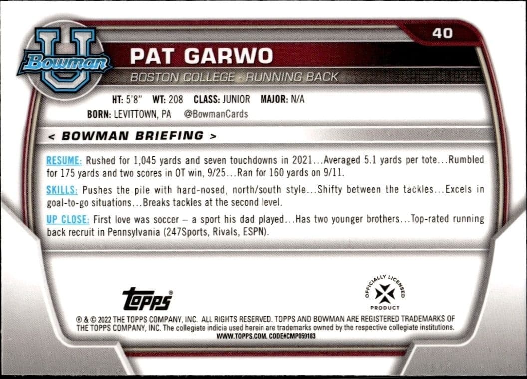 2022 Bowman University Chrome Pat Garwo #40 football trading card back