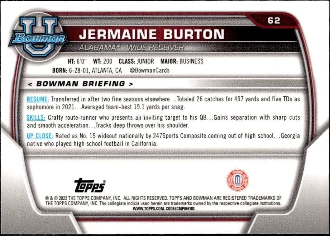 2022 Bowman University Chrome Jermaine Burton #62 football trading card back