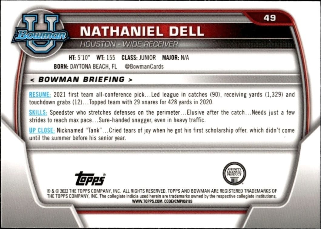 2022 Bowman University Chrome Nathaniel Dell #49 football trading card back