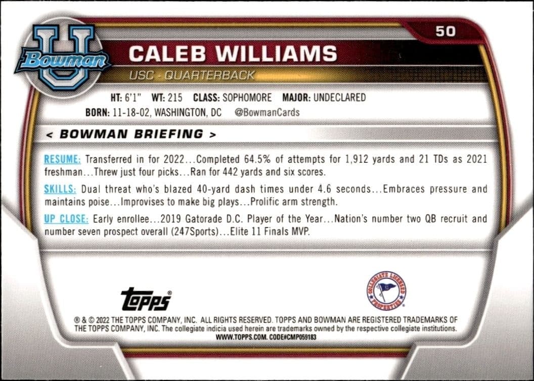 2022 Bowman University Chrome Caleb Williams #50 football trading card back