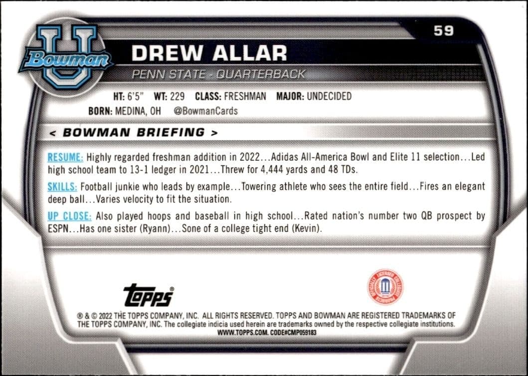 2022 Bowman University Chrome Drew Allar #59 football trading card back