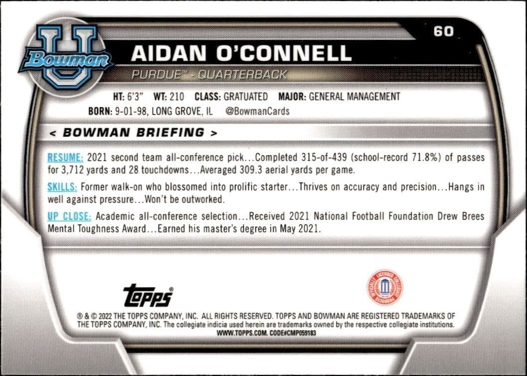 2022 Bowman University Chrome Aidan O'Connell #60 football trading card back