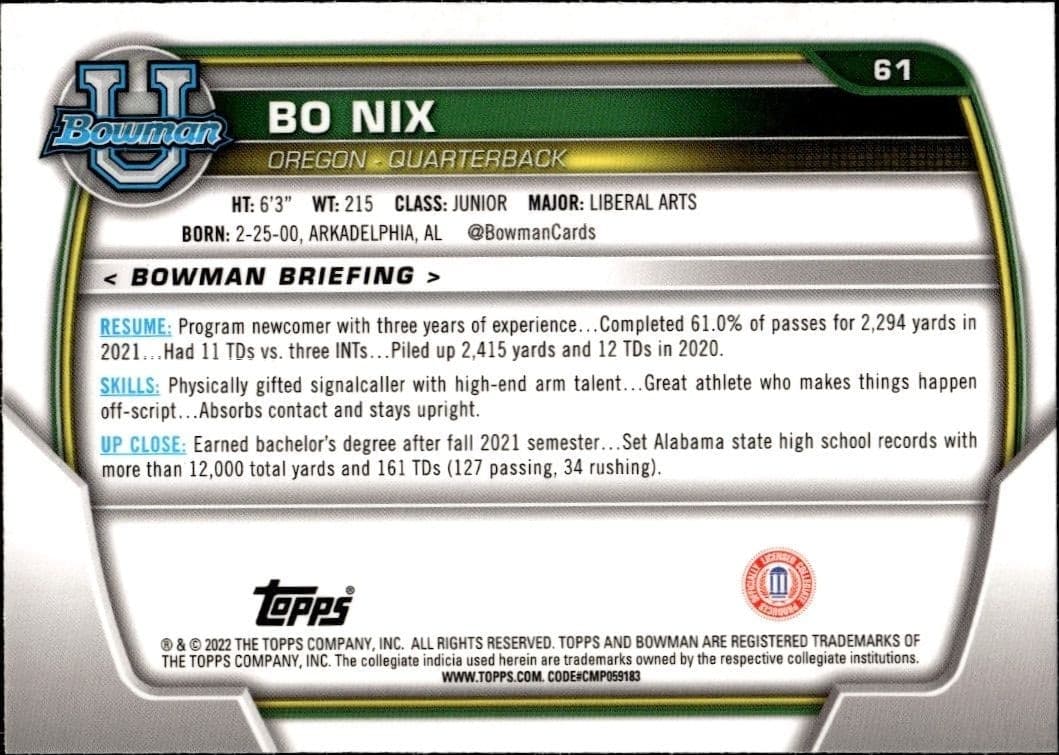 2022 Bowman University Chrome Bo Nix #61 football trading card back