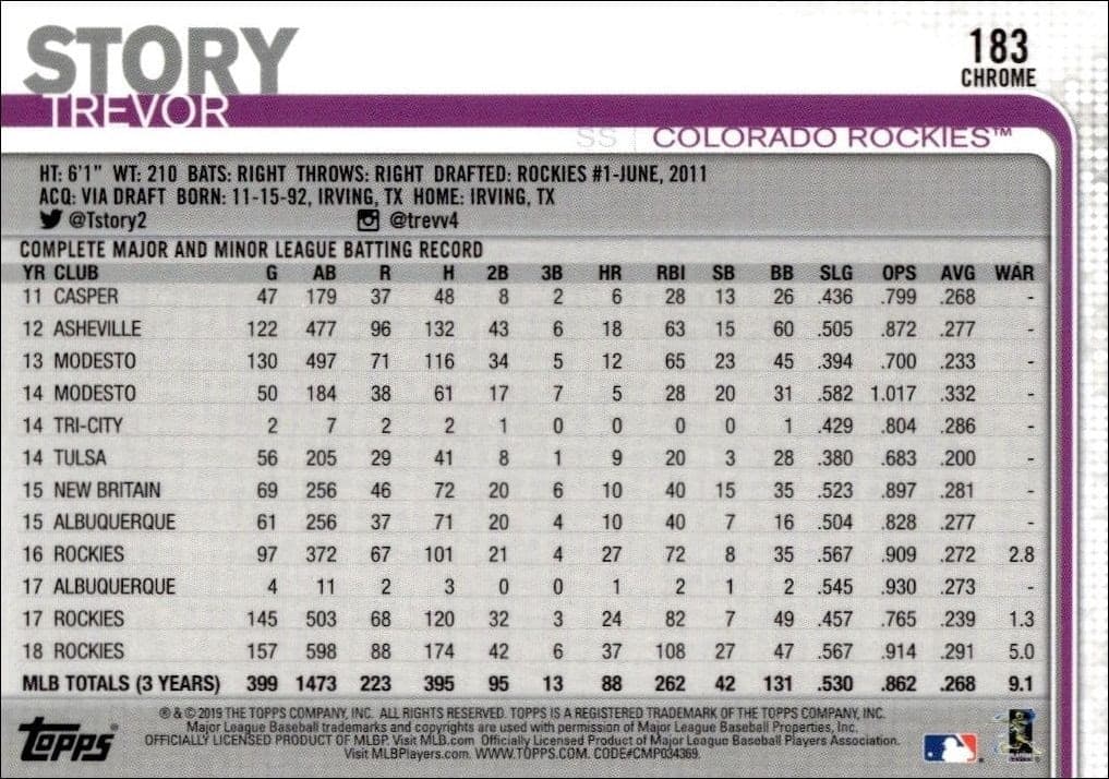 2019 Topps Chrome Trevor Story #183 baseball trading card back