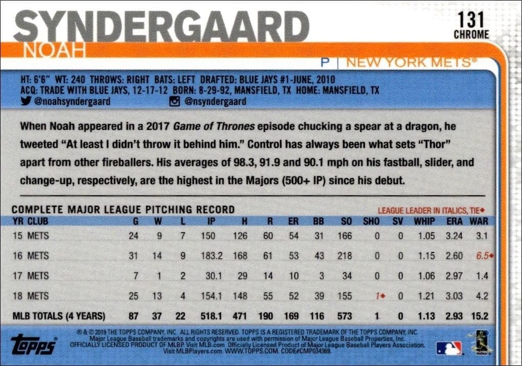 2019 Topps Chrome Noah Syndergaard #131 baseball trading card back