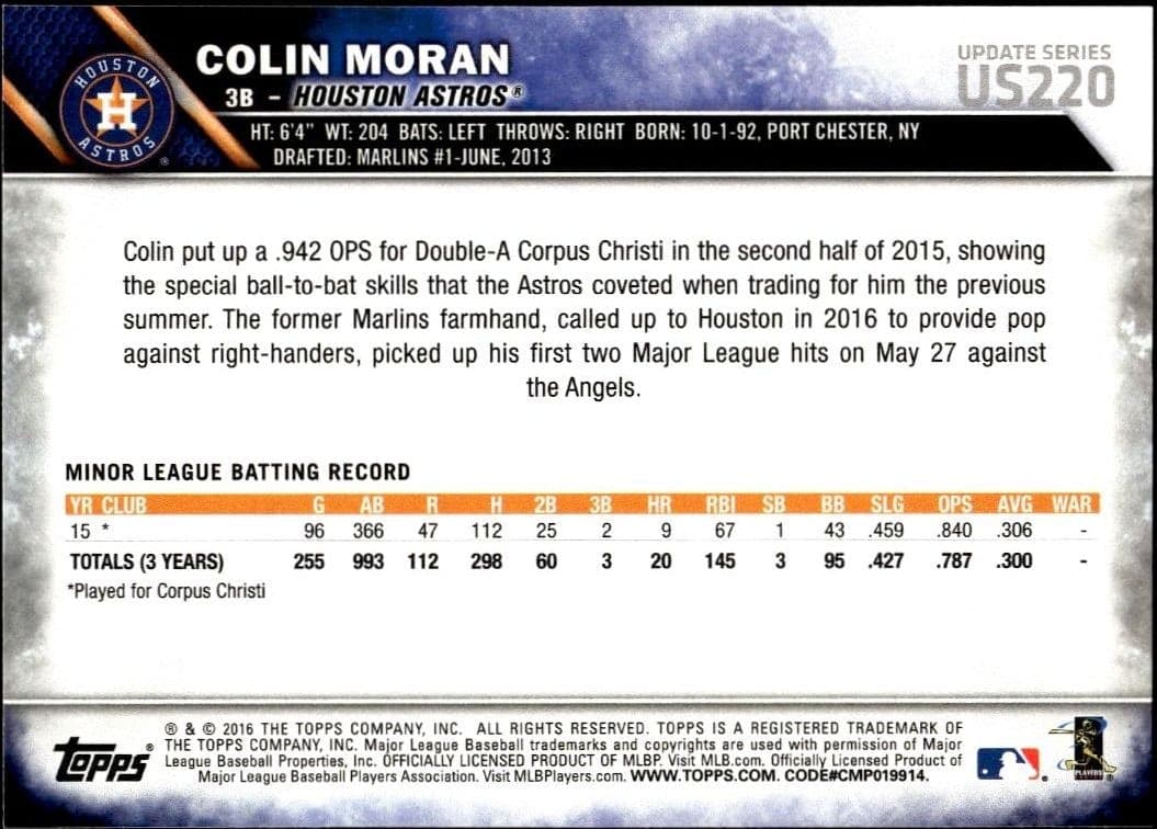 2016 Topps Update Series Colin Moran #US220 baseball trading card back