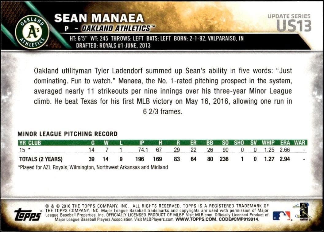2016 Topps Update Series Sean Manaea #US13 baseball trading card back
