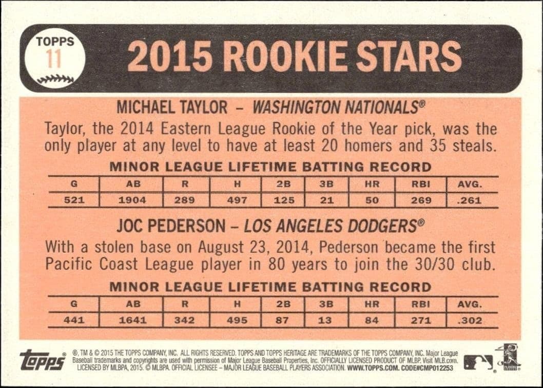2015 Topps Heritage Michael Taylor #11 baseball trading card back