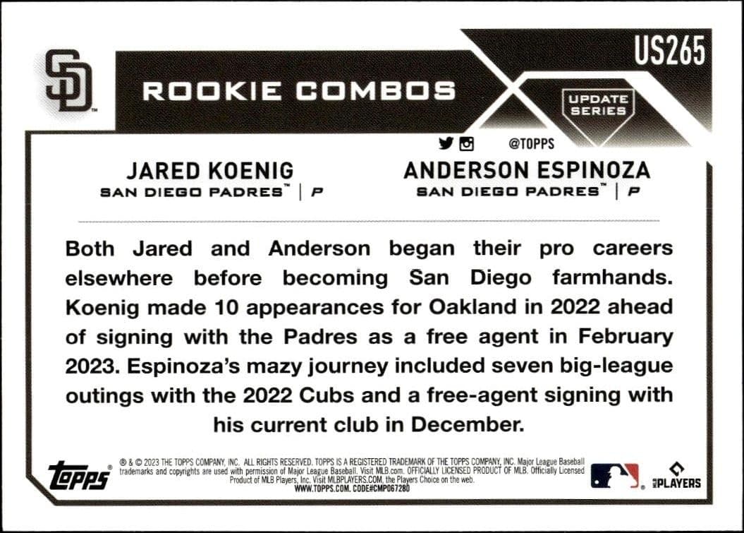 2023 Topps Update Series Jared Koenig #US265 baseball trading card back