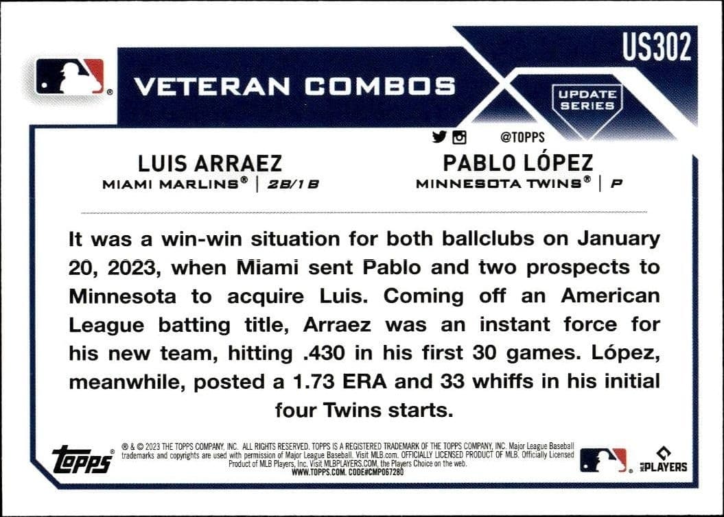 2023 Topps Update Series Luis Arraez #US302 baseball trading card back