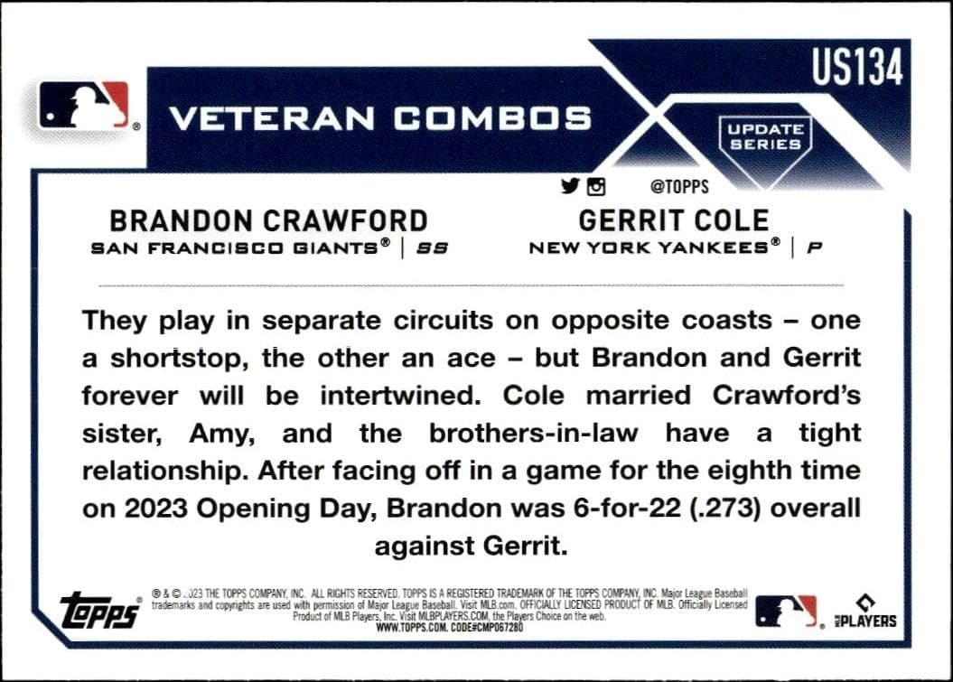 2023 Topps Update Series Brandon Crawford #US134 baseball trading card back