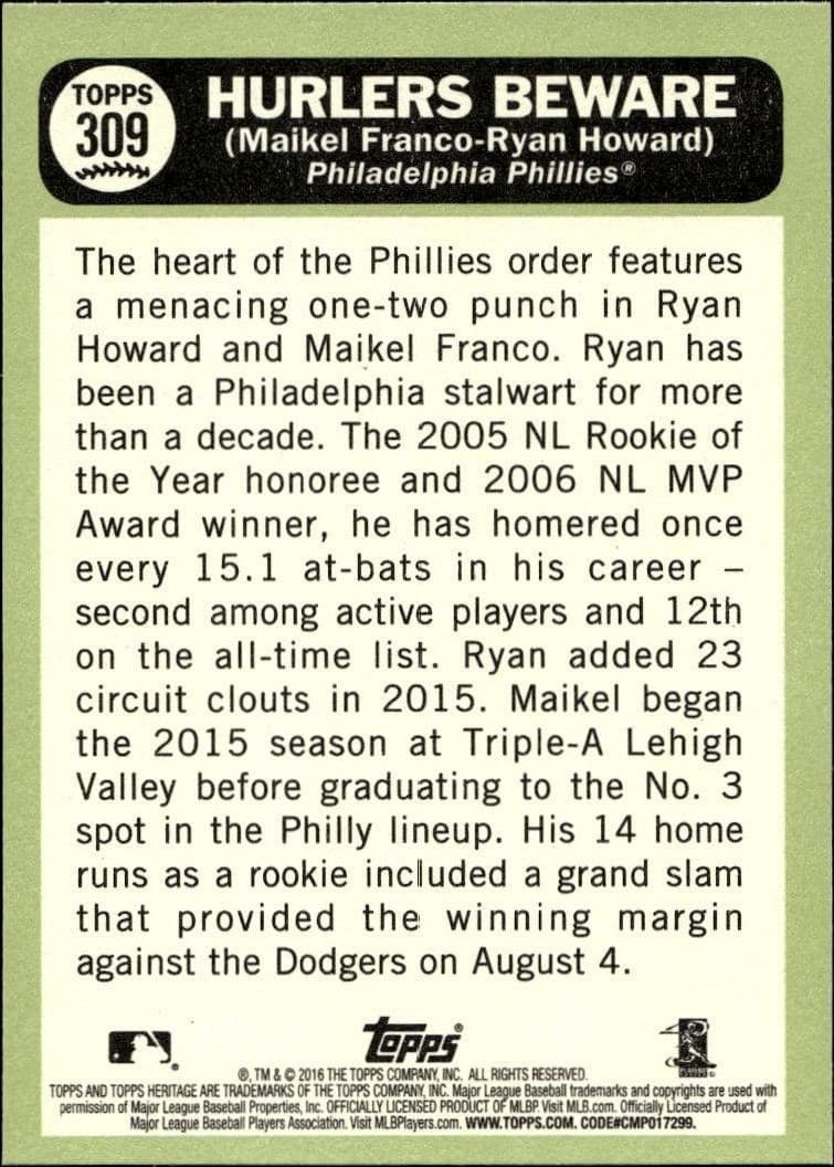 2016 Topps Heritage Maikel Franco #309 baseball trading card back