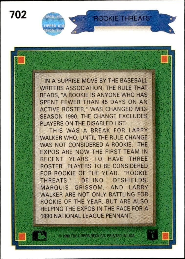 1990 Upper Deck High Number Larry Walker #702 baseball trading card back