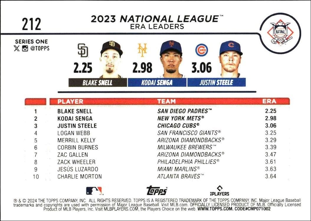 2024 Topps Blake Snell #212 baseball trading card back