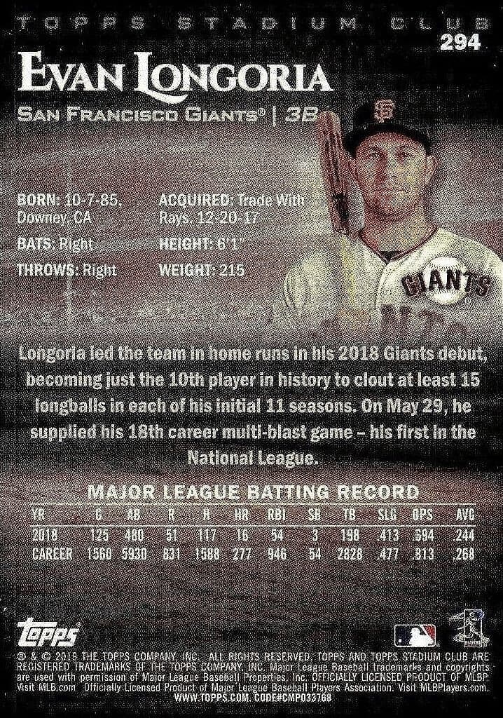 2019 Topps Stadium Club Evan Longoria #294 baseball trading card back