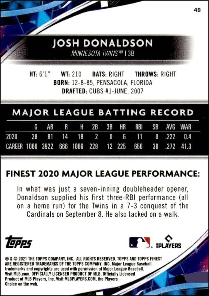 2021 Topps Finest Josh Donaldson #49 baseball trading card back