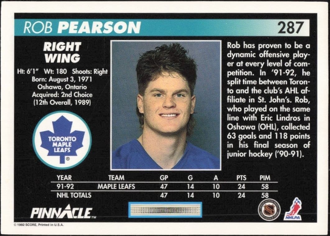 1992-93 Pinnacle Rob Pearson #287 hockey trading card back