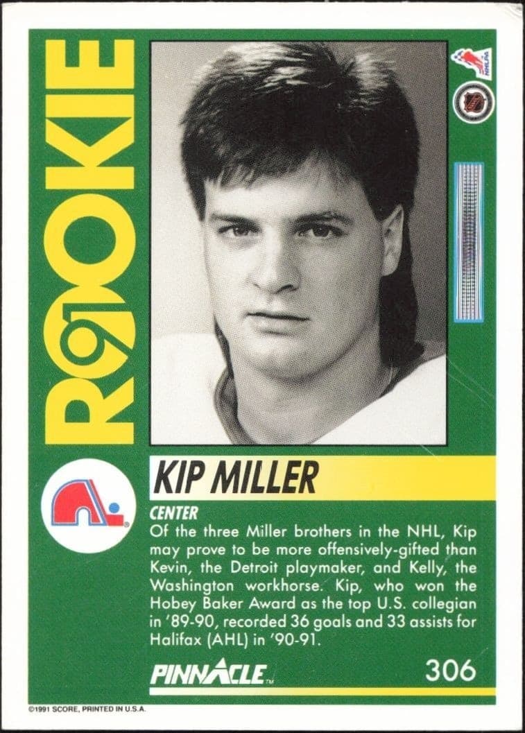 1991-92 Pinnacle Kip Miller #306 hockey trading card back