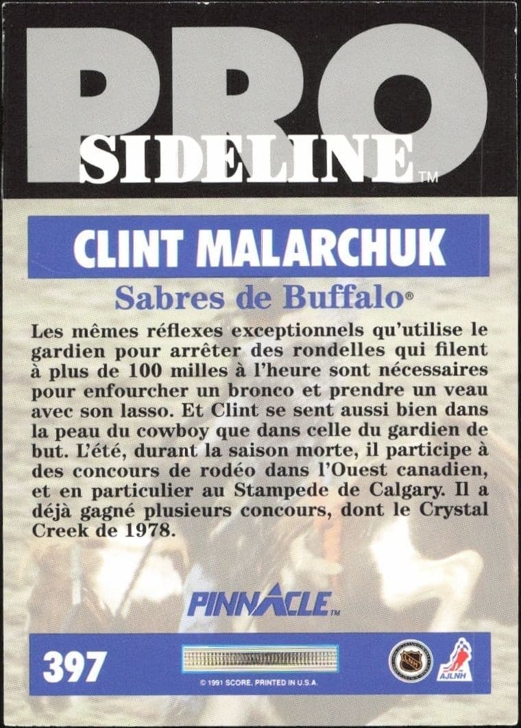1991-92 Pinnacle Clint Malarchuk #397 hockey trading card back