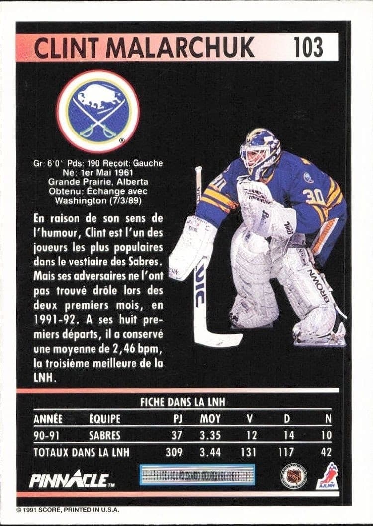 1991-92 Pinnacle Clint Malarchuk #103 hockey trading card back