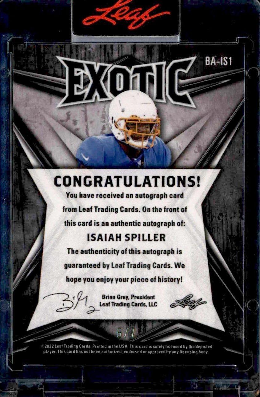 2022 Leaf Exotic Isaiah Spiller #BA-IS1 football trading card back