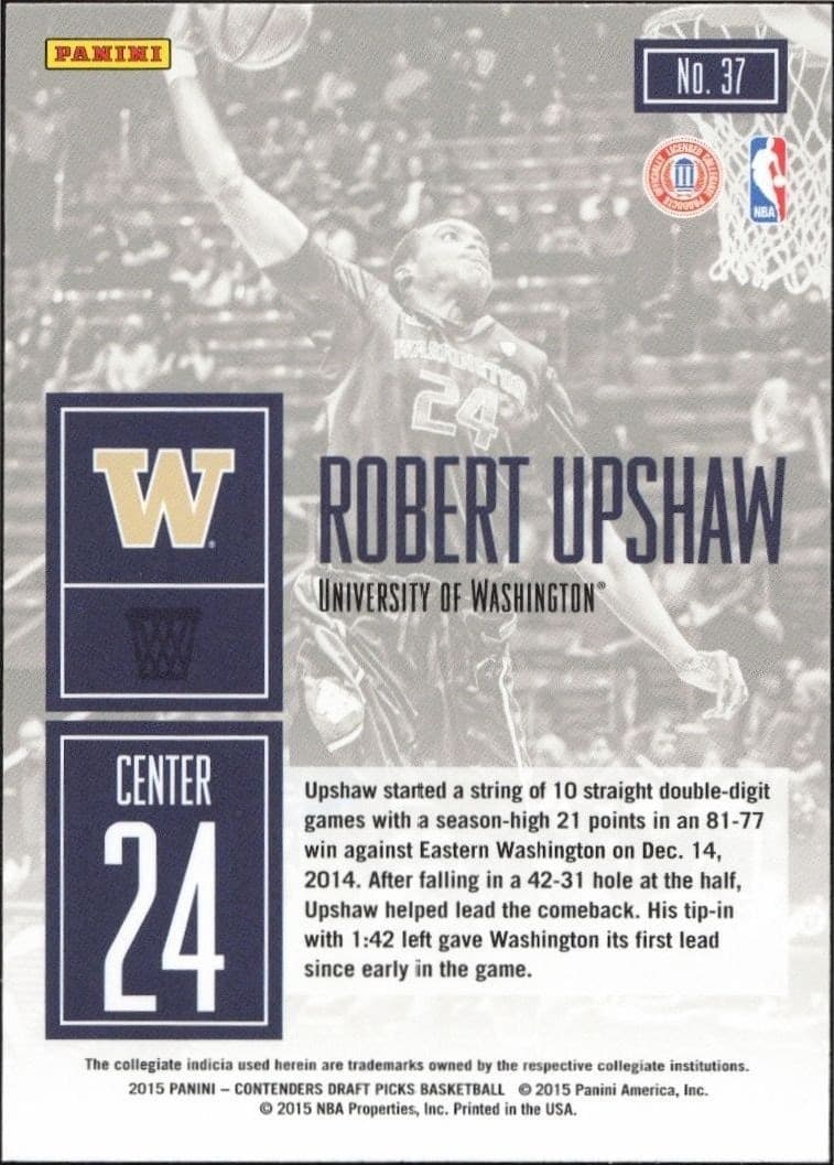 2015-16 Panini Contenders Draft Picks Robert Upshaw #37 basketball trading card back