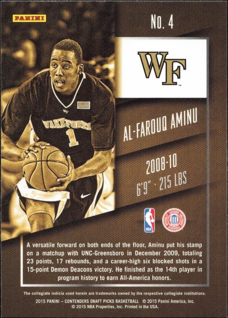 2015-16 Panini Contenders Draft Picks Al-Farouq Aminu #4 basketball trading card back