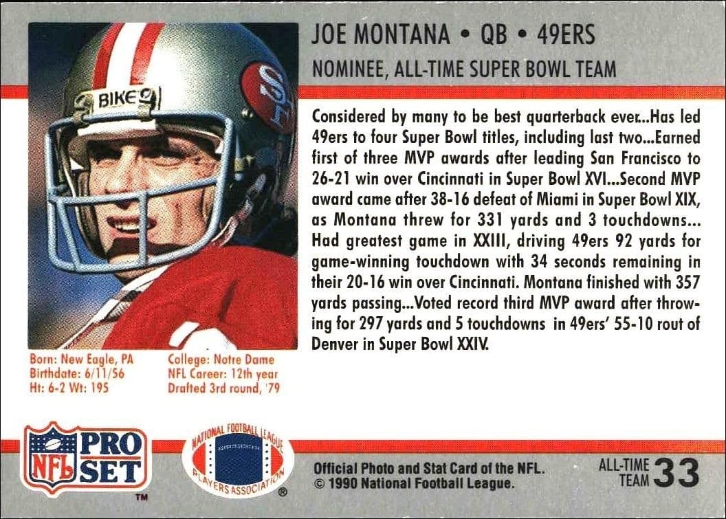 1990 Pro Set Joe Montana #33 football trading card back