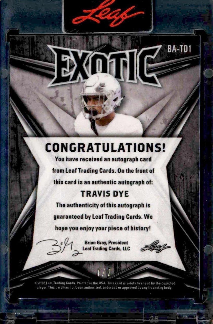 2022 Leaf Exotic Travis Dye #BA-TD1 football trading card back