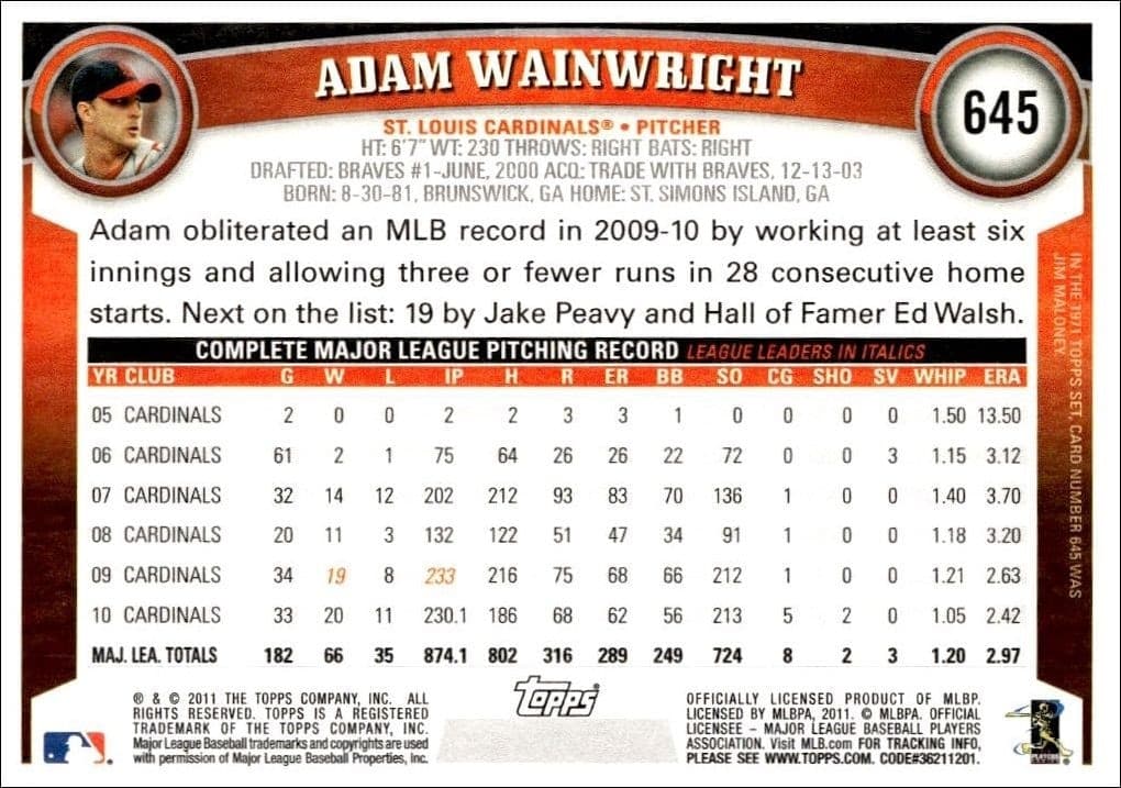 2011 Topps Series 2 Adam Wainwright #645 baseball trading card back