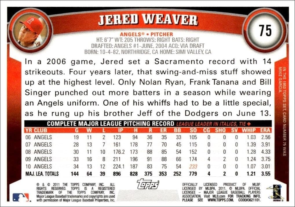 2011 Topps Jered Weaver #75 baseball trading card back