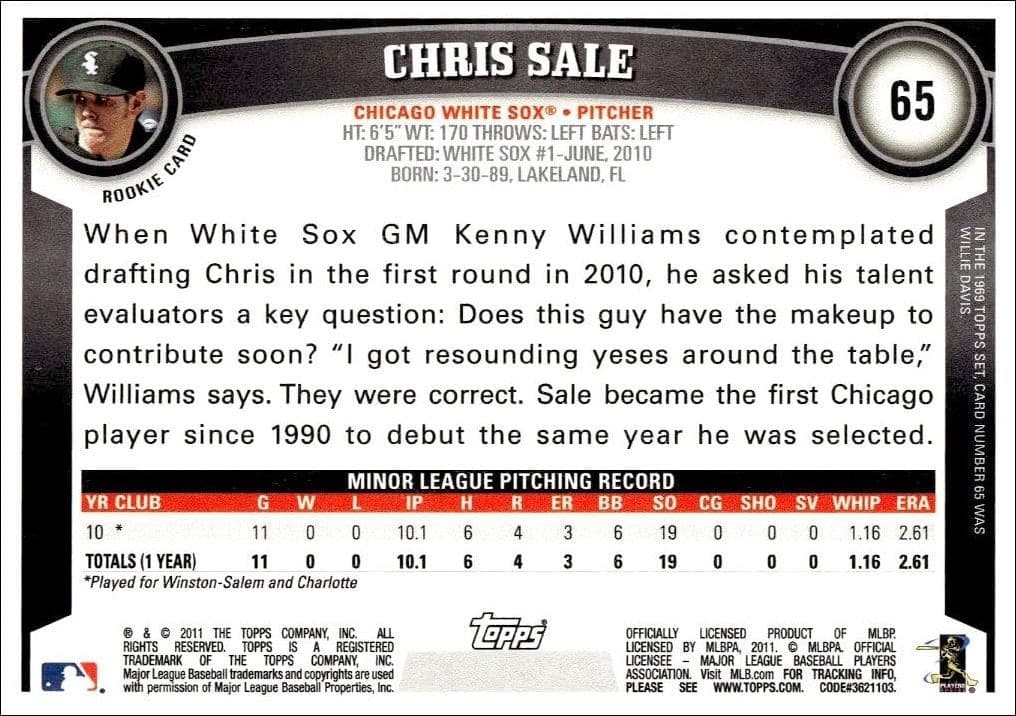 2011 Topps Chris Sale #65 baseball trading card back