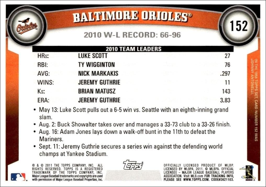 2011 Topps Baltimore Orioles #152 baseball trading card back