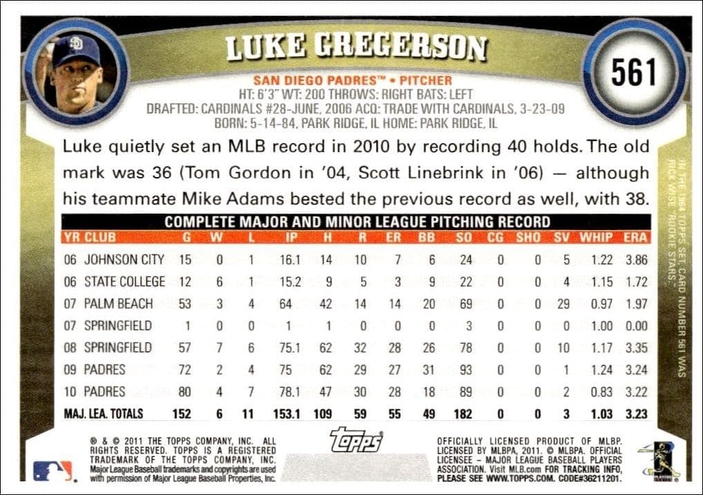 2011 Topps Series 2 Luke Gregerson #561 baseball trading card back