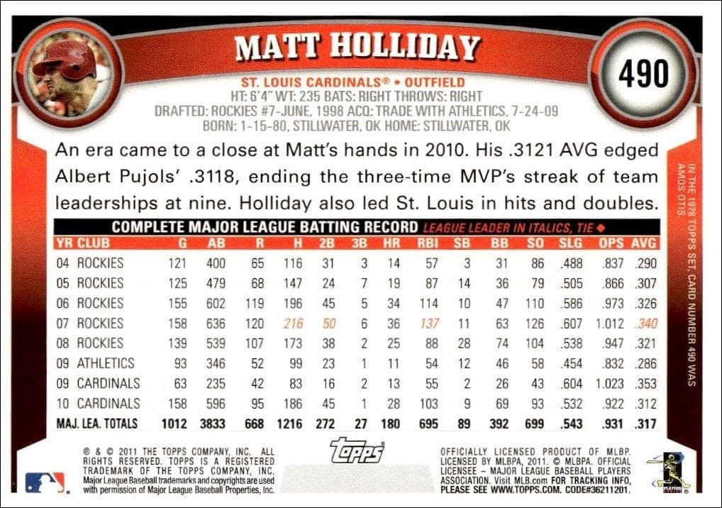 2011 Topps Series 2 Matt Holliday #490 baseball trading card back