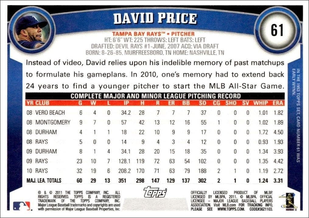 2011 Topps David Price #61 baseball trading card back