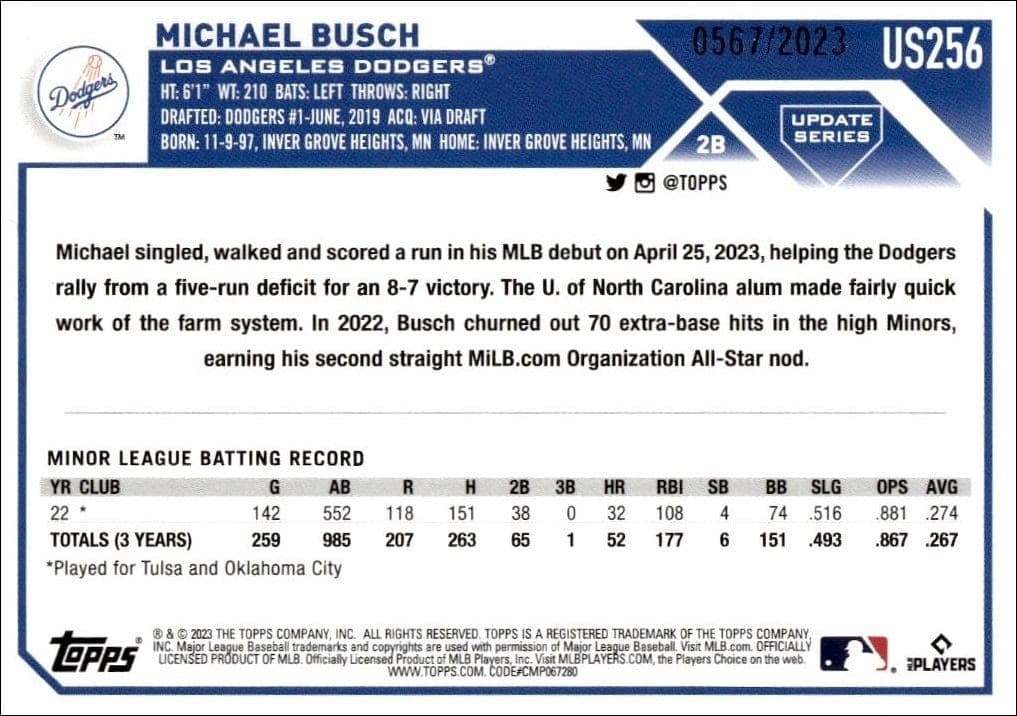 2023 Topps Update Series Michael Busch #US256 baseball trading card back