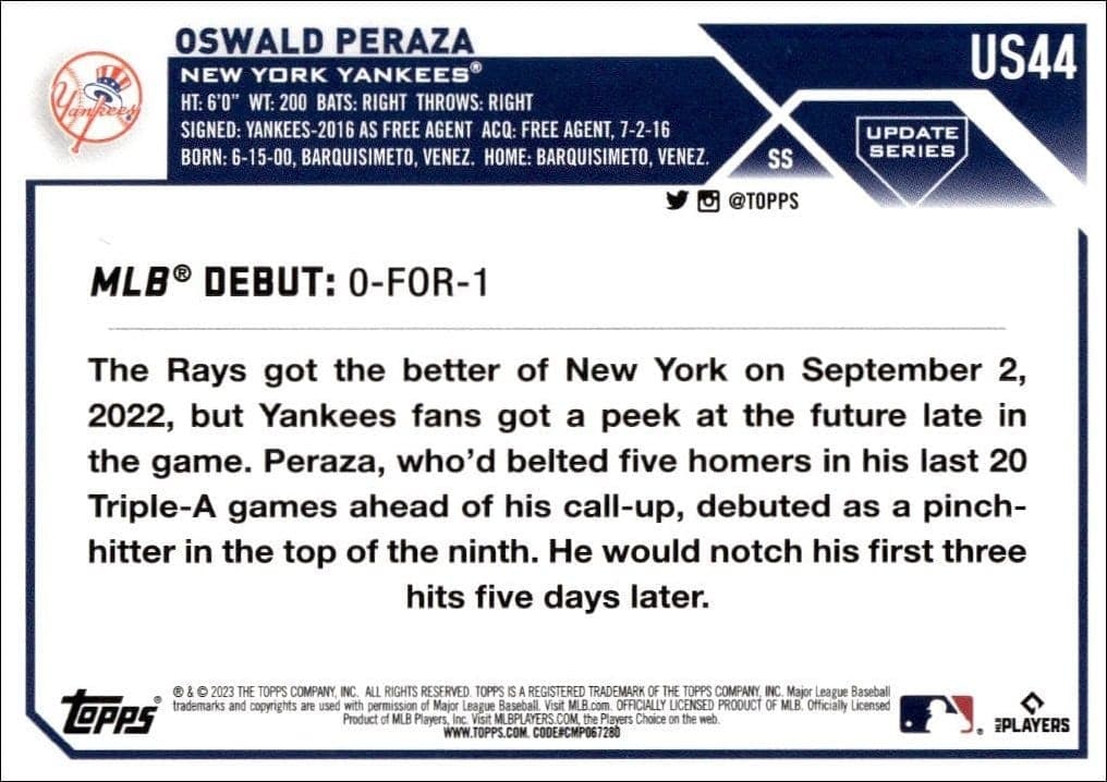 2023 Topps Update Series Oswald Peraza #US44 baseball trading card back