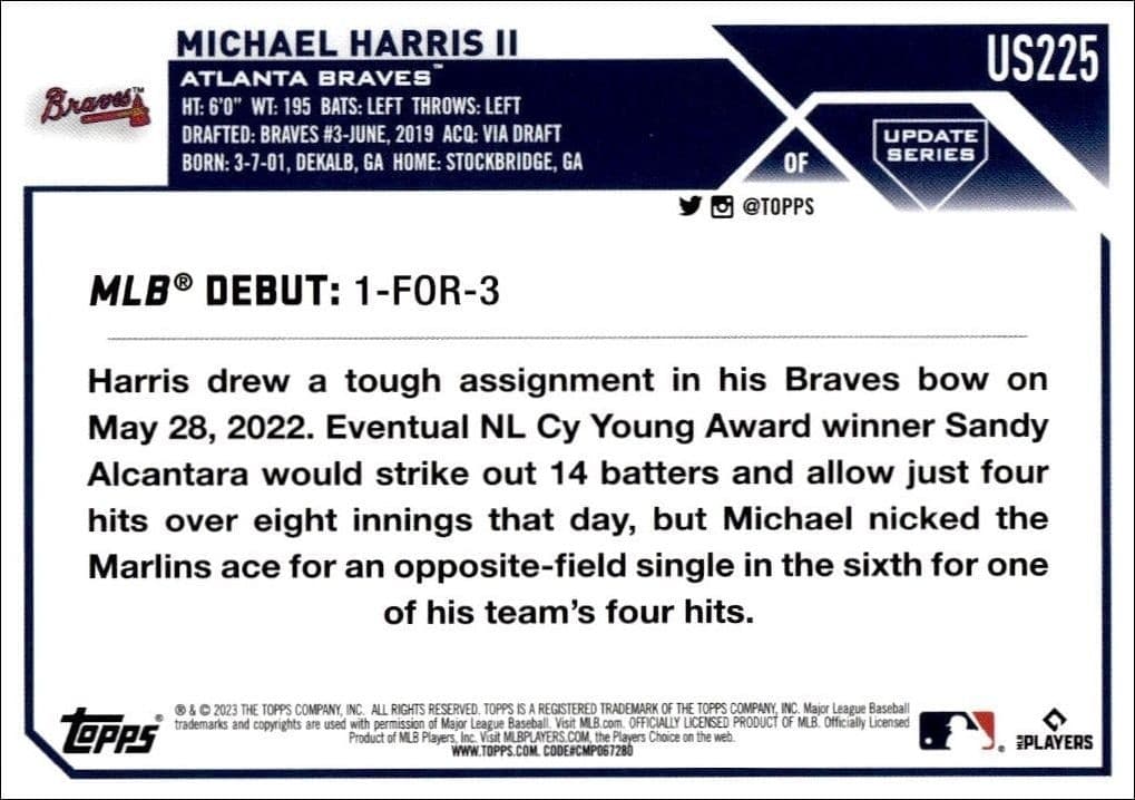 2023 Topps Update Series Michael Harris II #US225 baseball trading card back