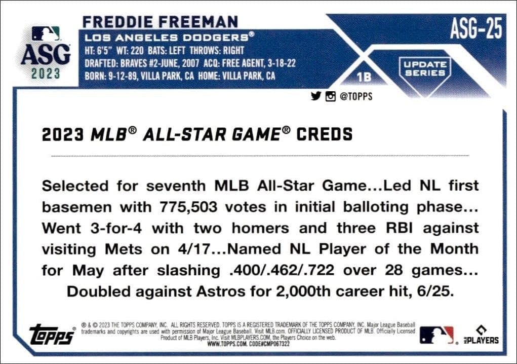 2023 Topps Update Series Freddie Freeman #ASG-25 baseball trading card back