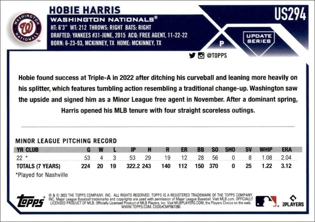 2023 Topps Update Series Hobie Harris #US294 baseball trading card back