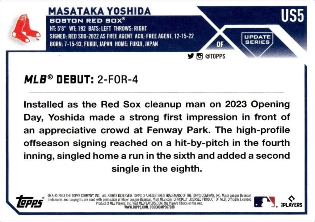 2023 Topps Update Series Masataka Yoshida #US5 baseball trading card back