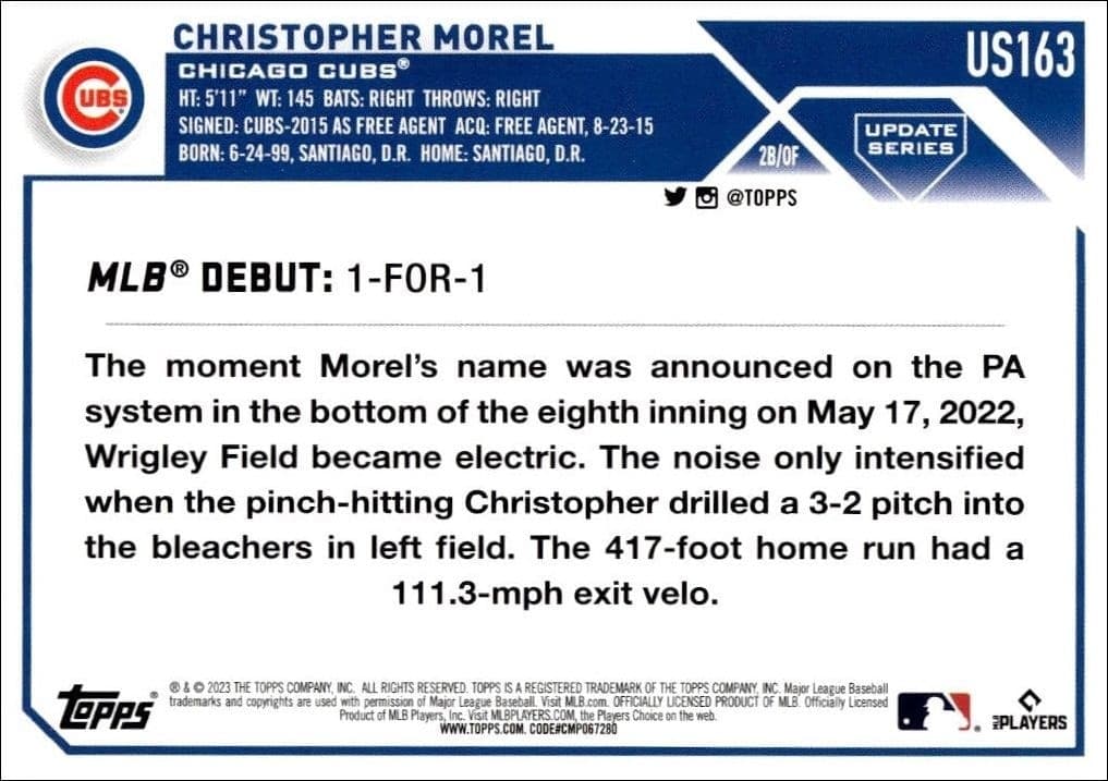 2023 Topps Update Series Christopher Morel #US163 baseball trading card back