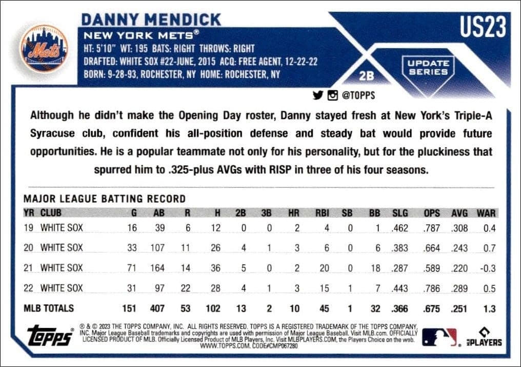 2023 Topps Update Series Danny Mendick #US23 baseball trading card back