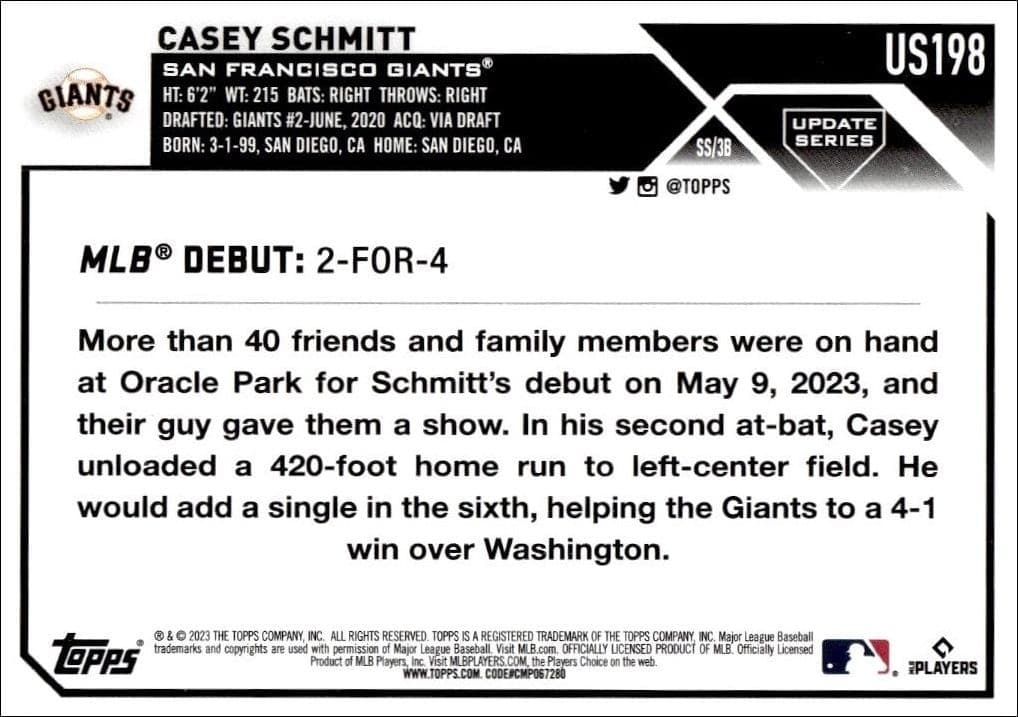 2023 Topps Update Series Casey Schmitt #US198 baseball trading card back