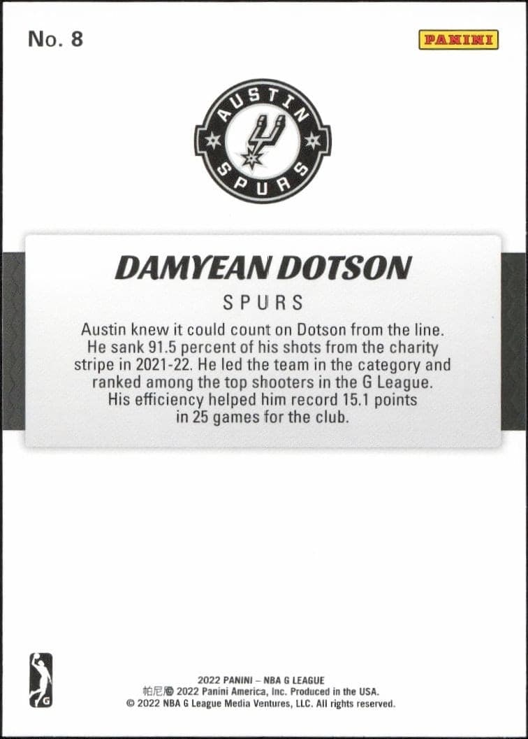 2021-22 Panini NBA G League Damyean Dotson #8 basketball trading card back
